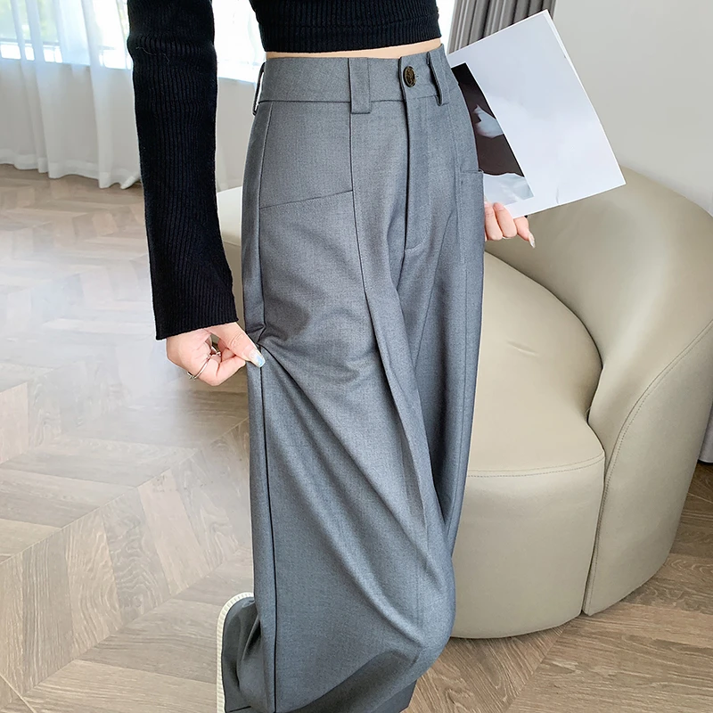 

Autumn High Waist Wide Leg Women's Full Pants with Belted 2024 New Buttons Elegant Minimalism Straight Loose Trousers Female