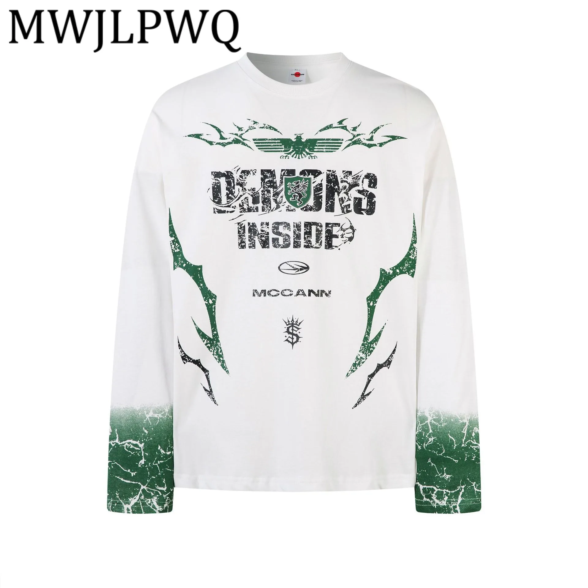 

MWJLPWQ 2025 Autumn New American Pattern Design Long Sleeve T-Shirt Male Fashion Round Collar High Street Personality Tops 21586