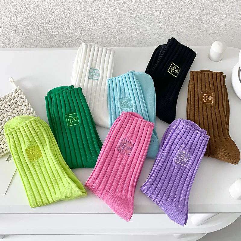 3 Pairs Pure Cotton Women's Socks Fashionable Autumn New Candy Color Sports Round Neck Socks Preppy Style Striped Casual Socks