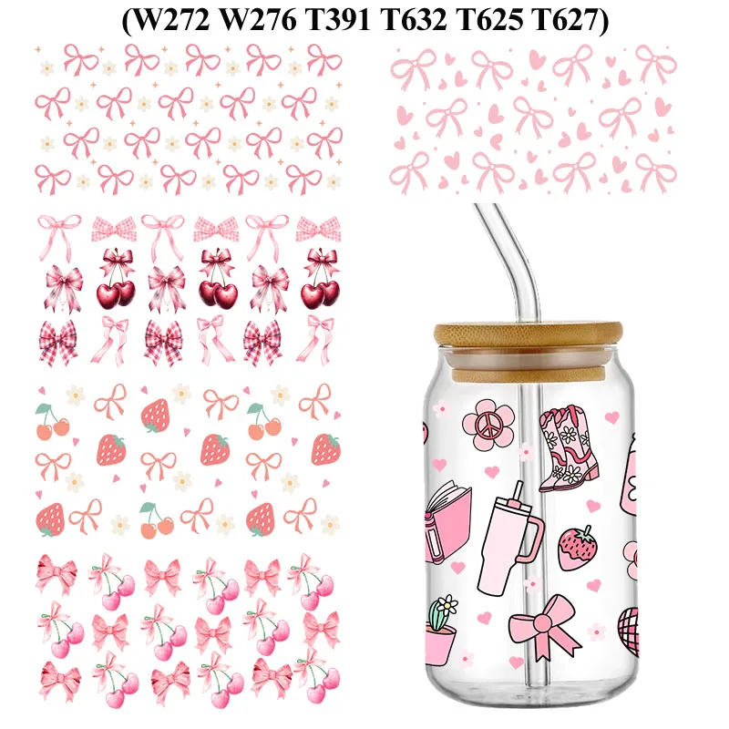 

Комплект из 6 шт., розовый бант, клубничная наклейка, УФ-переносная наклейка DTF, наклейка на стакан для очков Libbey 16 унций, обертывания бутылок, наклейка на кружку «сделай сам»