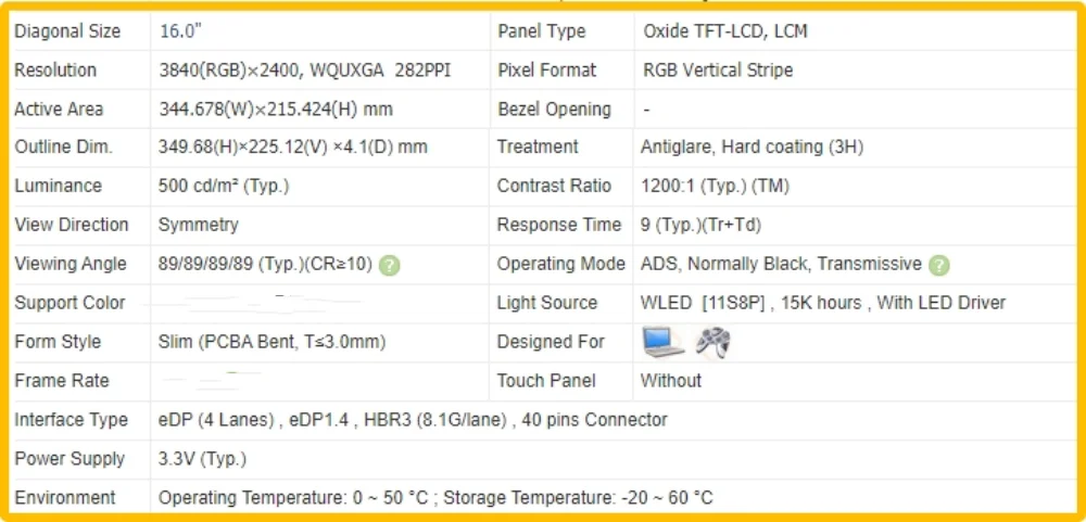 NE160QAM-NZ1 NE160QAM NZ1 16.0 inch Laptop Display LCD Screen No-touch IPS Panel 4K UHD 3840x2400