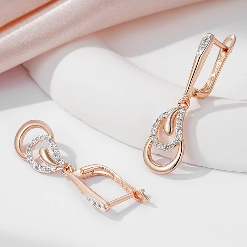 SYOUJYO luxe longue 585 Rose doré boucles d'oreilles pour les femmes couleur argent bijoux fête mariée mariage boucles d'oreilles Zircon naturel