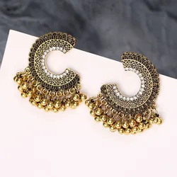 Ethnic Colorful Zircon Indian Jhumka Earrings For Women Pendientes Fashion Jewelry Retro Alloy Tassel Semicircle Ladies Earrings