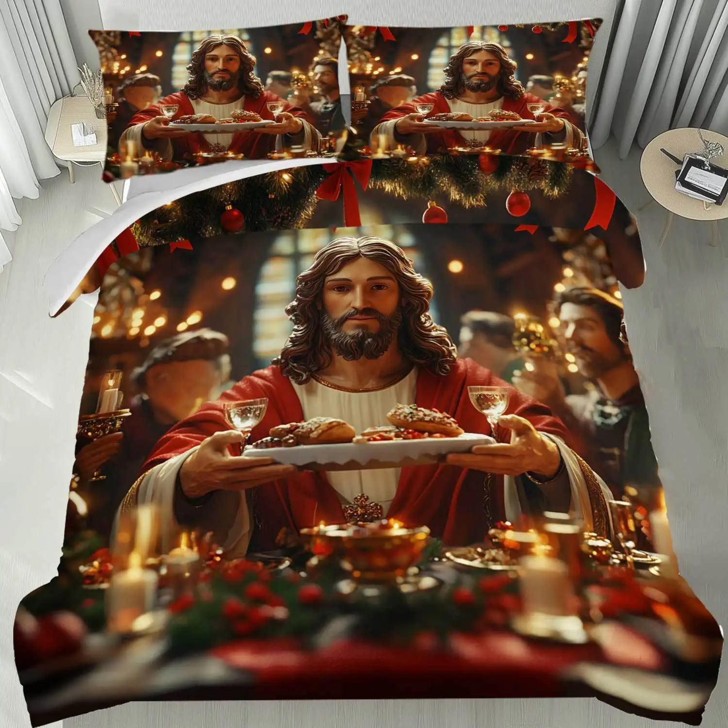 Latacaca 3pcs Merry Christmas Jesus Feast Duvet Cover Set Bedding Set Bed Cover Set (1 Duvet Cover & 2 Pillowcases),