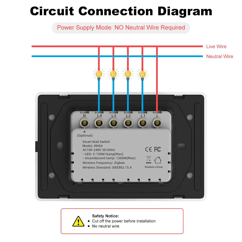Zigbee Wall Light Switches 1 2 3 4 Gang Neutral/No Neutral No Capacitor Push Button Interruptor Work With Tuya Alexa Google Home image 6