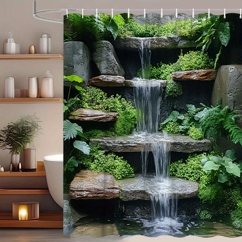 

[2D плоская печать] 1 шт. внутренняя занавеска для душа с водопадом Serene Waterfall с пышной зеленой и каменной стеной, полиэфирная ткань