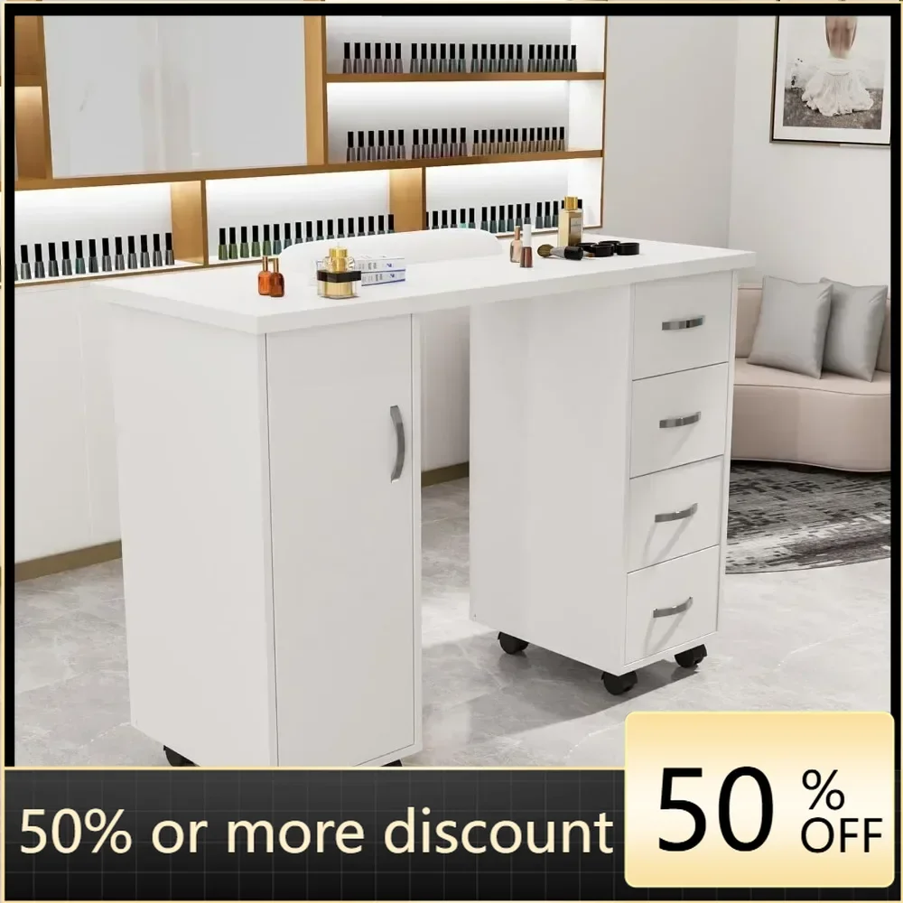 

Nail Desk w/Cabinet, Drawers, Wheels & Arm Rest, Spa Salon Beauty Home Wooden Technician Workstation Nail Art Equipment