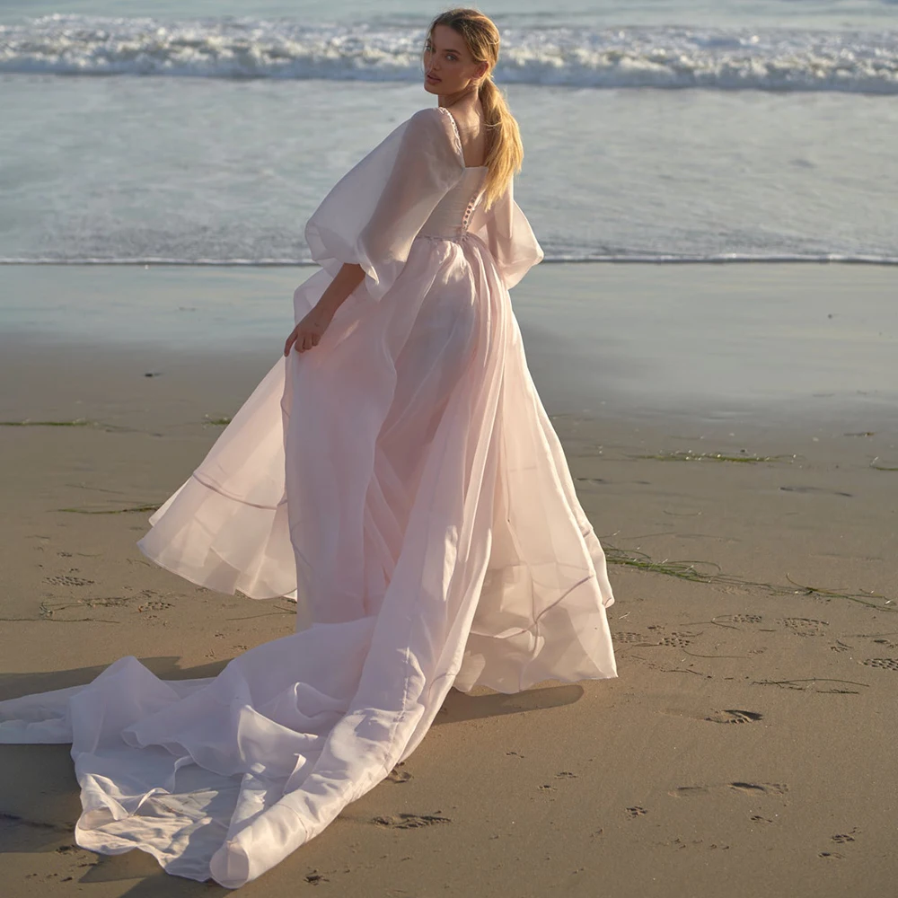 Vestido de boda de Organza de corte A con cuello cuadrado, botones hechos A medida, talla grande, longitud Irregular, para playa y novia