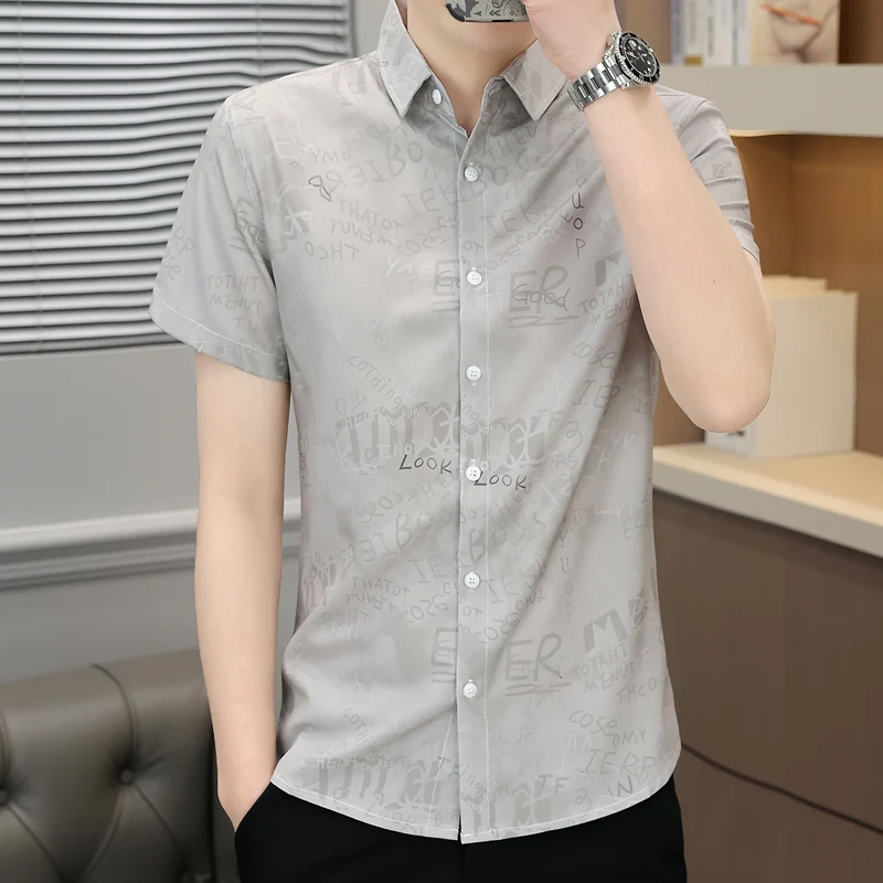 

Кардиган мужской с коротким рукавом, рубашка с отложным воротником, на пуговицах, с буквенным принтом, формальная Повседневная Деловая одежда в стиле бойфренда, лето