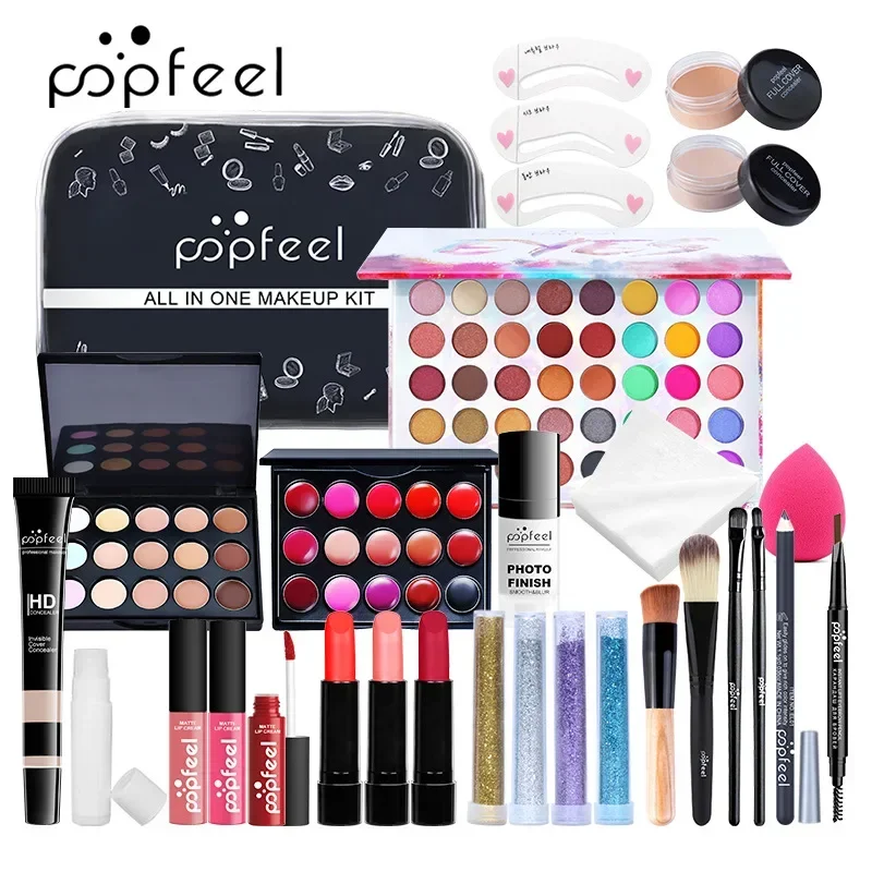 Limitowana edycja Popfeel zestaw do makijażu pełny zestaw All-In-One cień do powiek Eyeliner puder do brwi korektor do ust podkład kosmetyki damskie