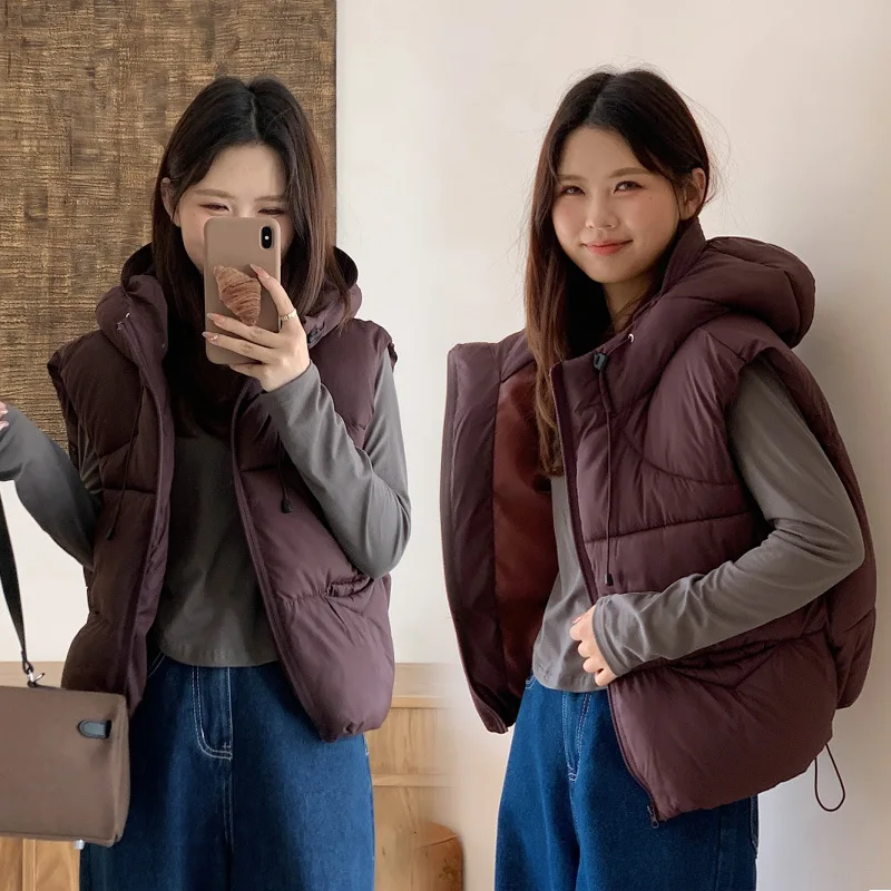 Hooded Women Parkas Vest Coats Solid Overcoat Sleeveless Drawstring Hem Zipper Thick Loose Office Lady Casual 2025 Autumn Winter