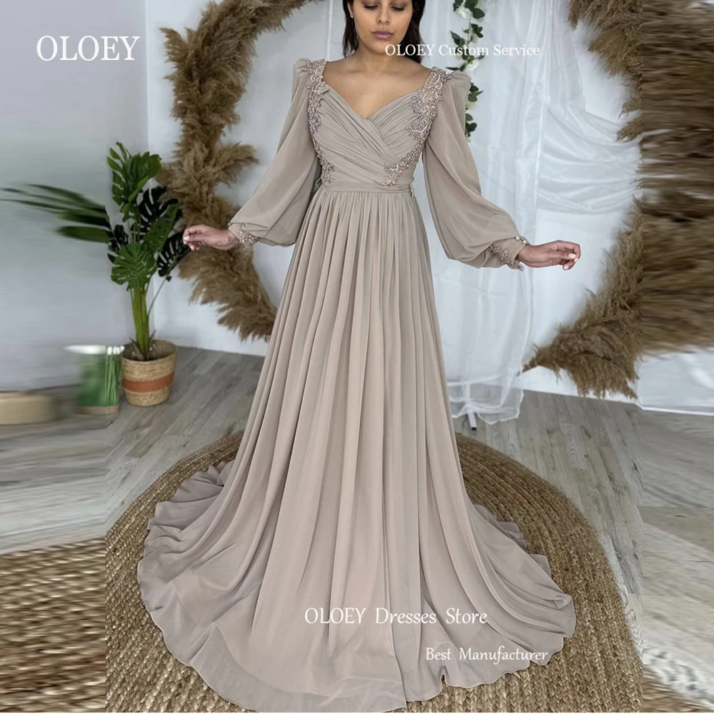 

OLOEY Vintage Chiffon A Line Evening Dresses Puff Long Sleeves Pearls Applique Arabic Women Prom Gowns Formal Party Dress