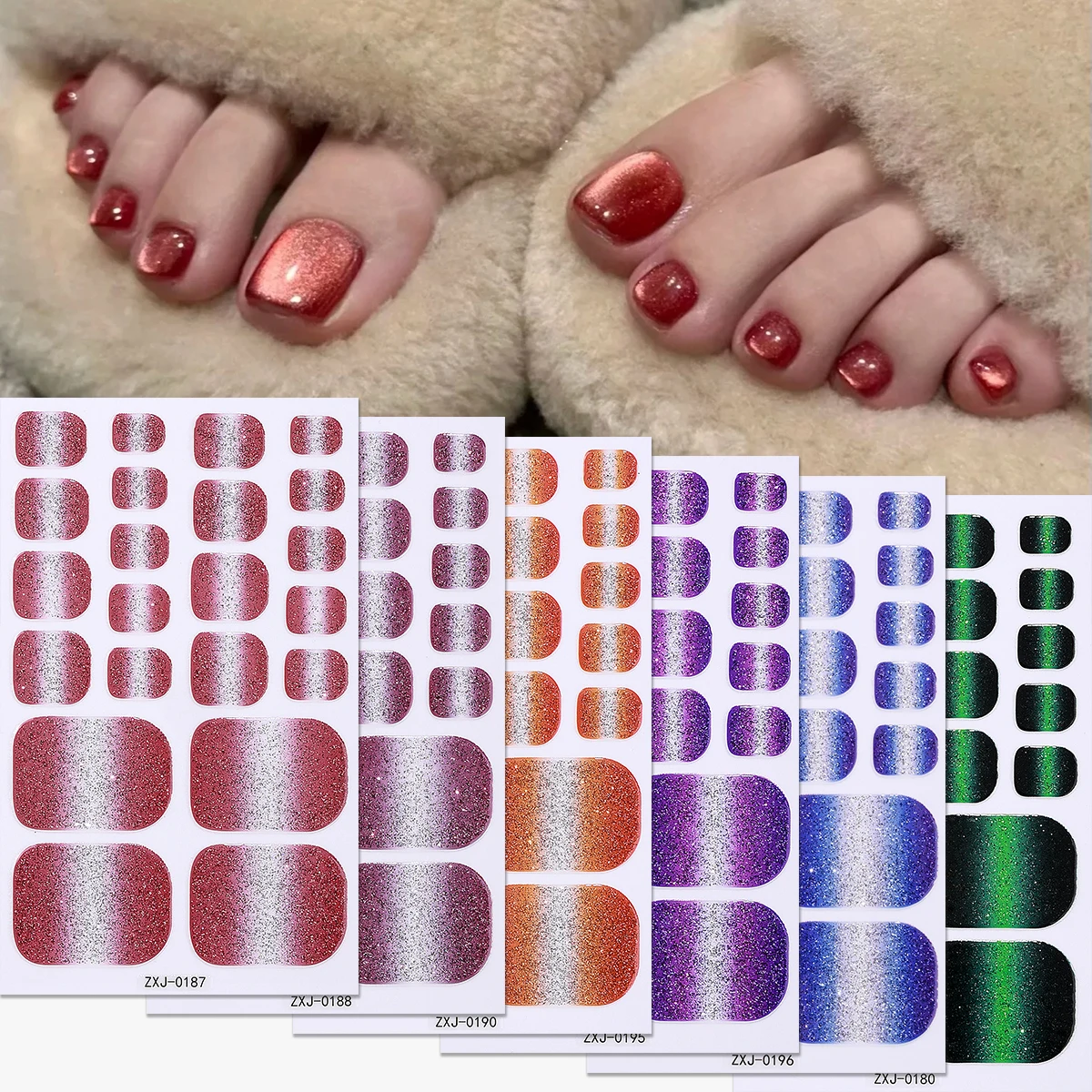 

6 Sheet Glitter Cat Eye Toenail Polish Sticker Gradient Baking Free Toe Nail Strips Full Cover Foot Stickers DIY Foot Decoration