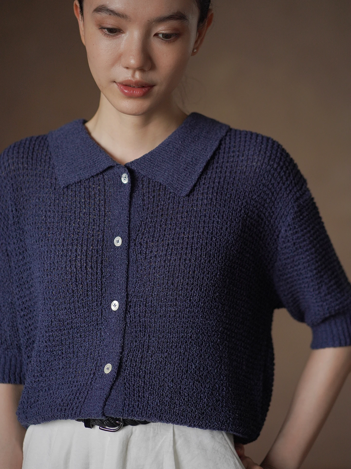 Hacikis Miss Simple Knitted Basic Short Sleeve Turn-down Collar Breathable Skin-friendly Slimming Open Cardigan Commute Top