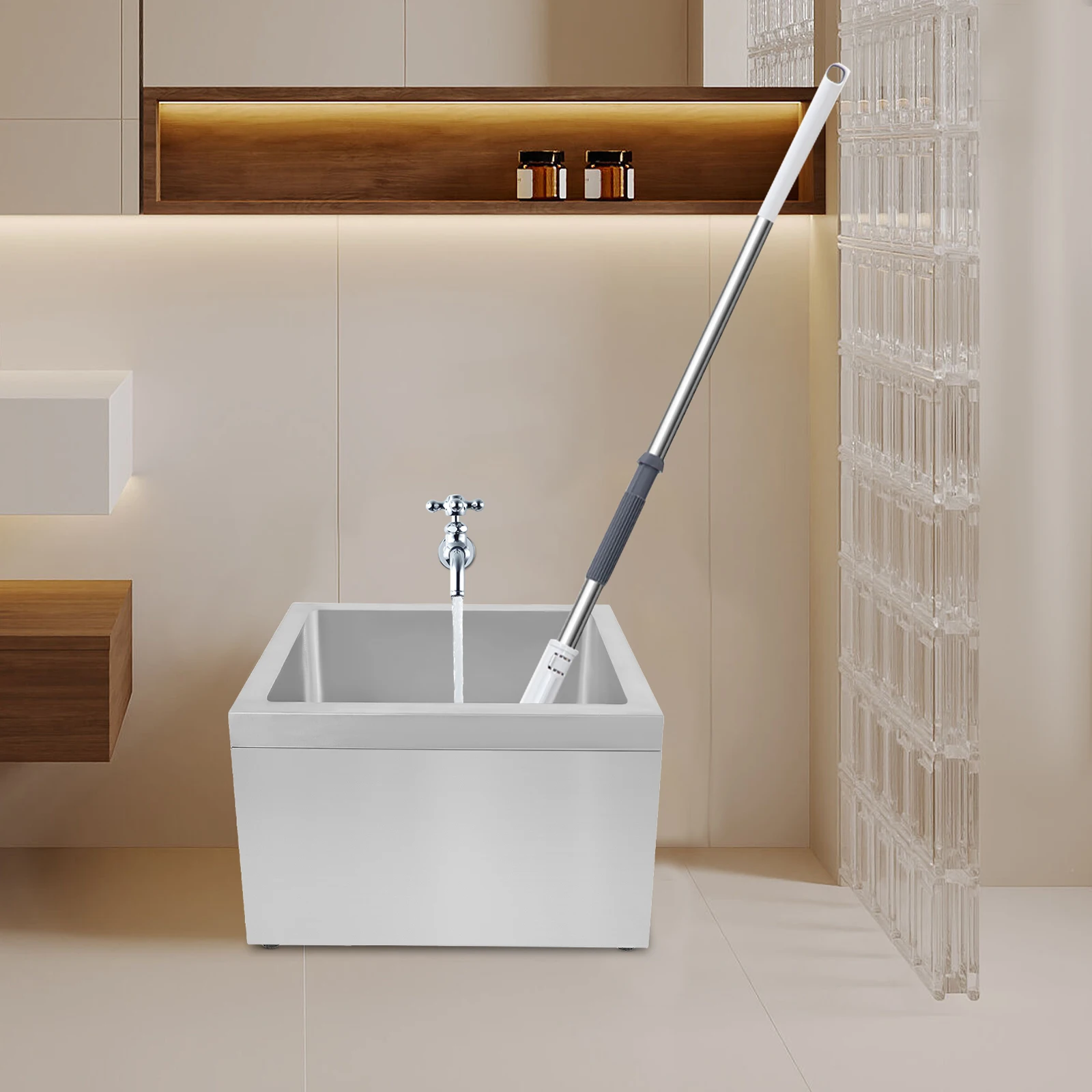 حوض ممسحة أرضية فضية (مستقر وسهل التنظيف) - هيكل مستطيل + أقدام غير قابلة للانزلاق وثبات جيد (استخدام آمن)، سطح أملس