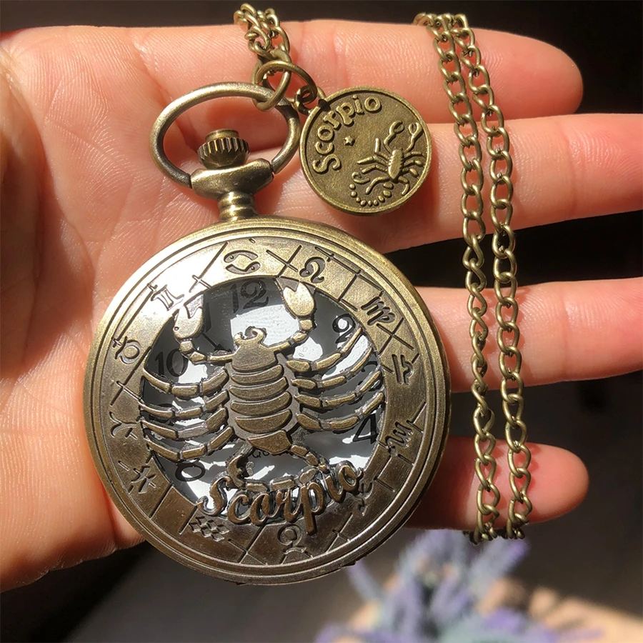 Bronze Scorpio Long Chain Quartz Pocket Watch 12 Constellations Pendant Necklace Men Women Jewelry Gift with Scorpion Accessory