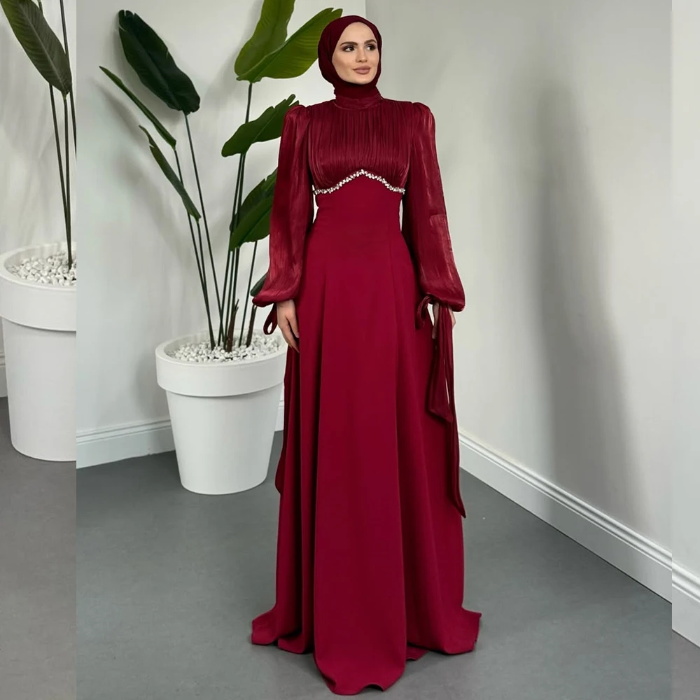 

Индивидуальные вечерние платья цвета бургунди для мусульманок на свадьбу в Саудовской Аравии, элегантные роскошные вечерние платья с кристаллами, выпускные платья 2026 года