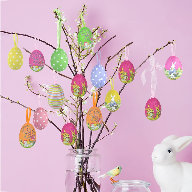 12pcs Easter Eggs Happy Easter Party Painting Foam Rabbit Egg Pendant for Home Colorful Bunny Bird Egg Hanging Ornament