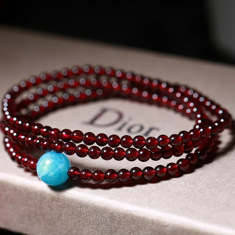 

Wholesale Wine Red Garnet Natural Stone Bracelets Round Beads With Blue Tianhe Stone Women Beauty Bracelet Multilaye Jewelry