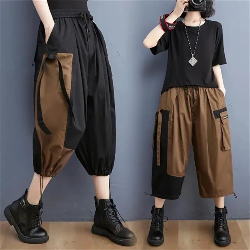 

Summer Cargo Pants Women Casual Joggers Spliced Color Streetwear Hip Hop Pants Side Pockets Loose High Waisted Harem Pants Lady