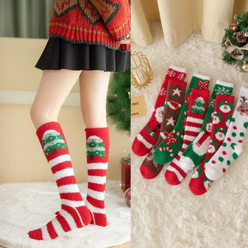 

New Thickened Coral Fleece Christmas Stockings Women Winter Warm Cute Cartoon Print Santa Claus Home Soft Knee-high Floor Socks