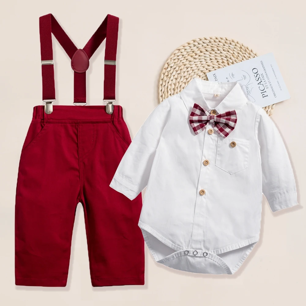 Infant First Gentleman 1/2 Birthday Costume Solid Long Sleeve Bodysuit with Strap Bow 4Pieces Autumn Spring Formal Outfit Sets