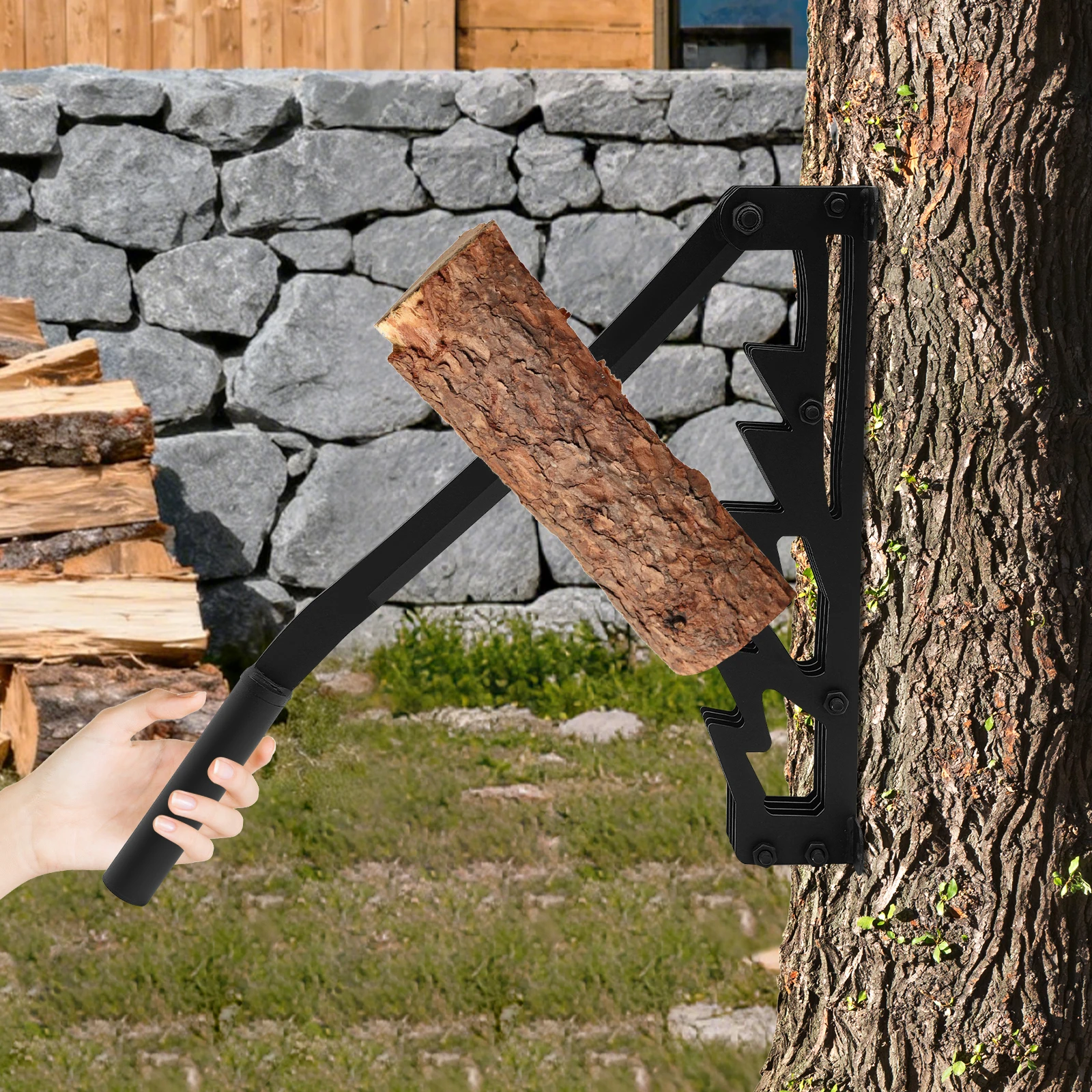 Cortador de Leña de Hierro Fundido de 25 cm para Montar en la Pared, Cortador de Leña Seca de 9.84 Pulgadas para Acampar y Hacer Barbacoas, con Doble Asa, Guantes y Soporte para Leña
