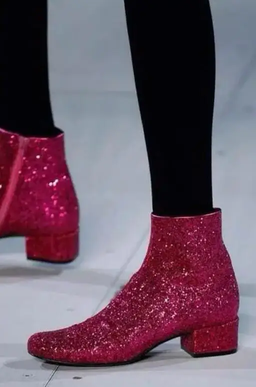 

Hot Pink Bling Glitter Women Fashion Ankle Boots Round Toe Ladies Zipper Boots 2.5cm Low Heel Spring Sexy Sequins Boots