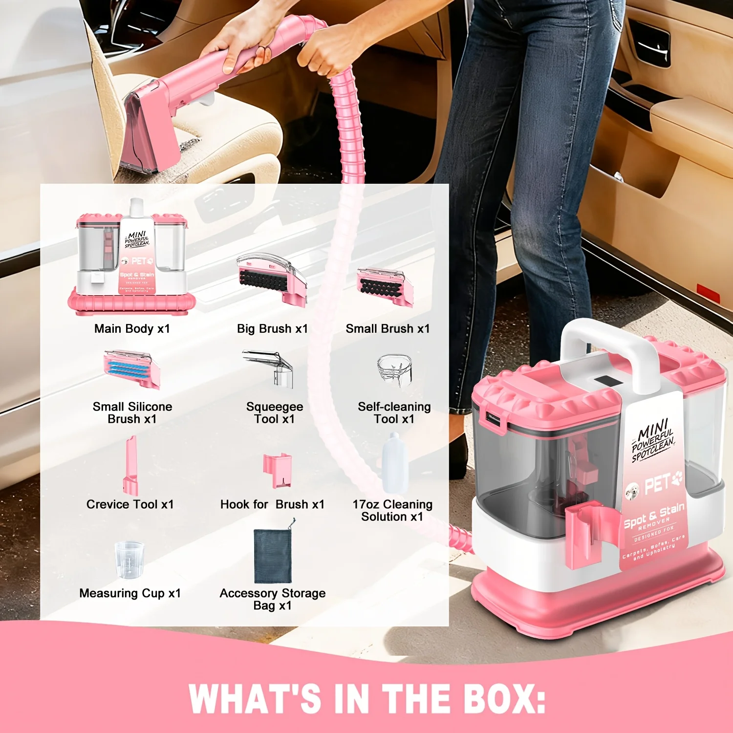 32KPa Powerful Carpet Cleaner Machine for Home, Portable Upholstery Cleaner with 5-in-1 Cleaning Tools, Deep Stain Remover for Rugs, Couches, Car Interiors, Pet Hair & Stairs view 8