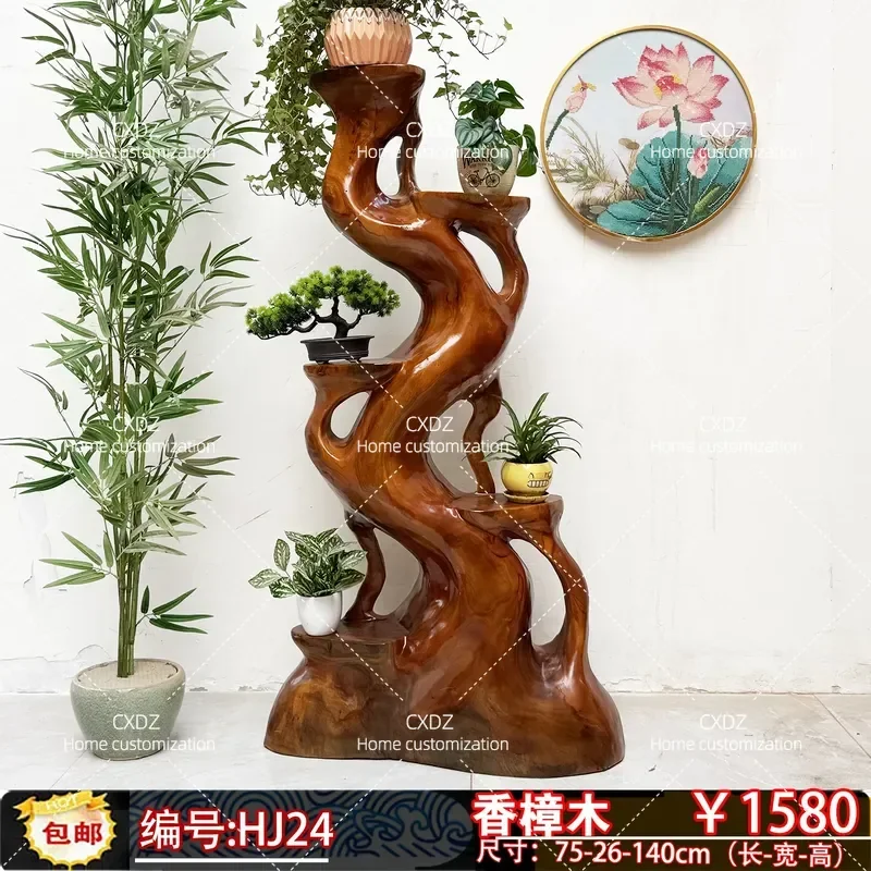 Root Carving Flower Stand Solid Wood Multi Layer Pot Holder Irregular Shape Living Room Decorative Shelf Natural Wood Display