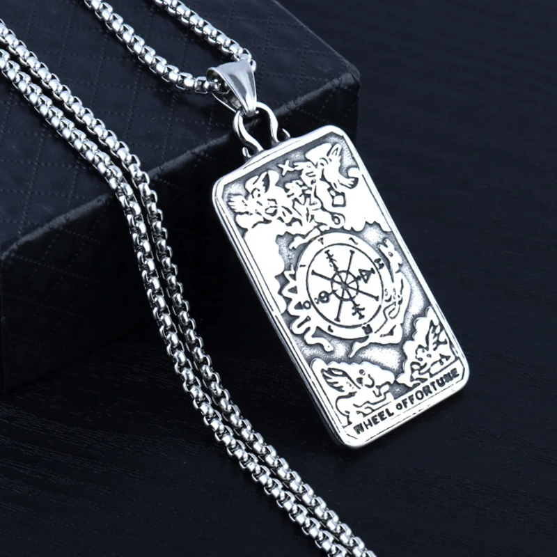 Retro Tarot Card Pendant Necklace For Men Women Silver Color Hip-hop Style Compass Pattern Neck Jewelry Stainless Steel Chain