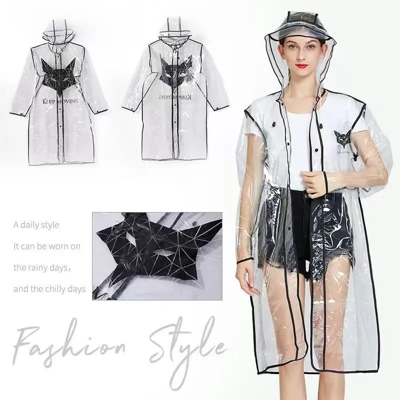 女性のためのキツネのプリントが施された透明なレインコート,防水ジャケット,屋外ハイキング,大人のためのクリアウター