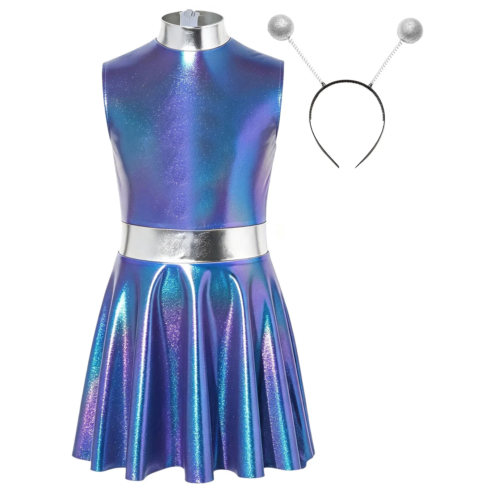 Kids Girls Funny Alien Costume Sleeveless Metallic Shiny A-line Dress with Hair Hoop for Halloween Space Astronaut Robot