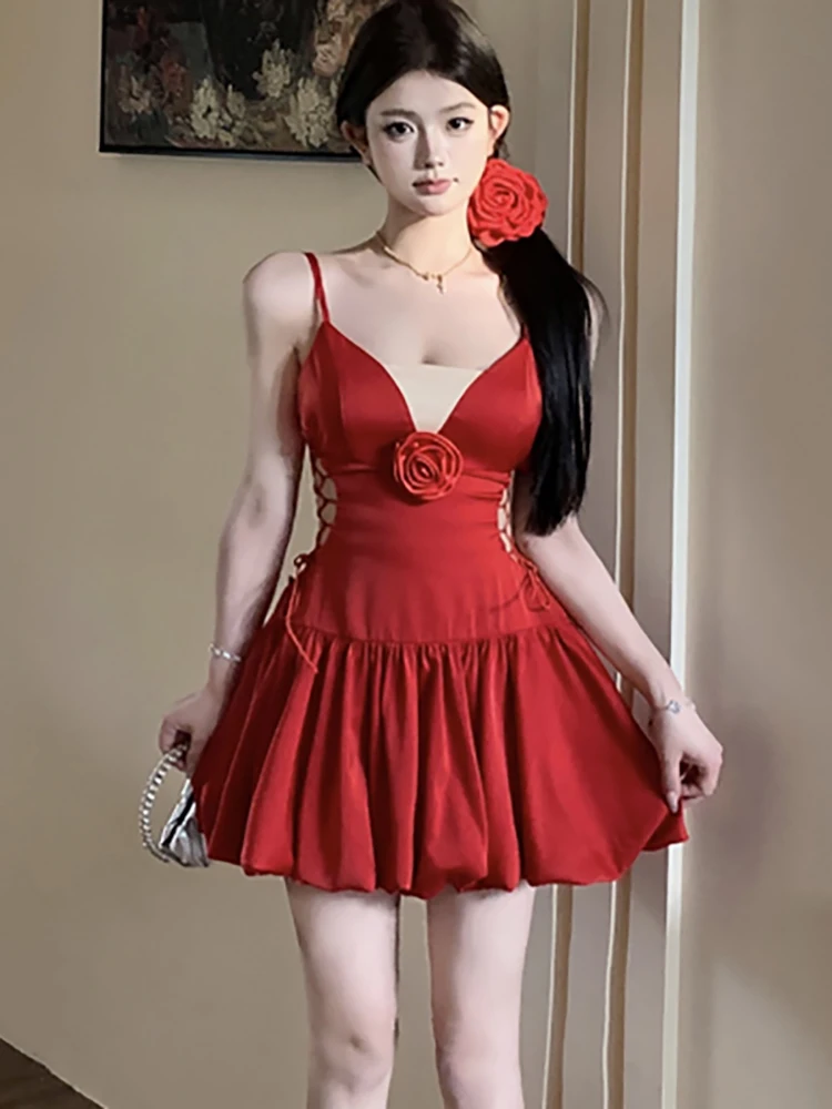 

2025 Black Satin V-Neck Sexy Sling Mini Dress Summer Pleated Bodycon Ball Gown Women Korean Vintage Hepburn Birthday Party Dress