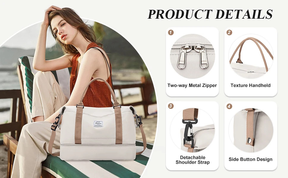 Reisetasche, Sporttasche, Sporttasche, Schultertasche, Weekender, Übernachtungstasche für Damen, Handgepäcktasche mit nasse Tasche, erweiterbare Tasche – Detail 5
