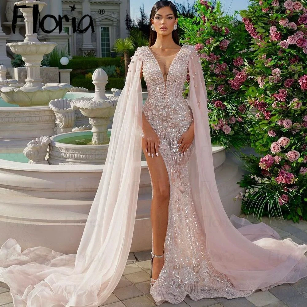 Elegante Pérolas Rosa Manga Longa Capa Vestido de Festa, Concurso Formal Side Slit Prom Vestidos para Casamentos, Custom Made