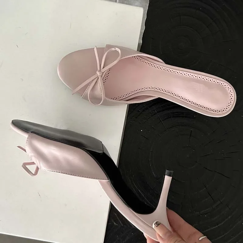 2024 New Arrivals Summer Pink Butterfly-knot Woman Slippers Elegance Stripper Thin Low Heels Ladies Mules Slides Shoes