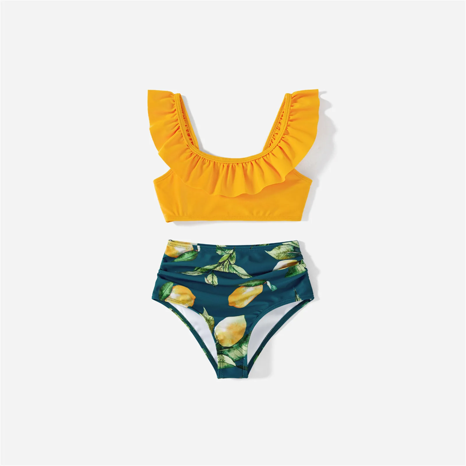 PatPat Family Matching Allover Lemon Print and Solid Halter Neck Two-piece Swimsuit or Swim Trunks Shorts