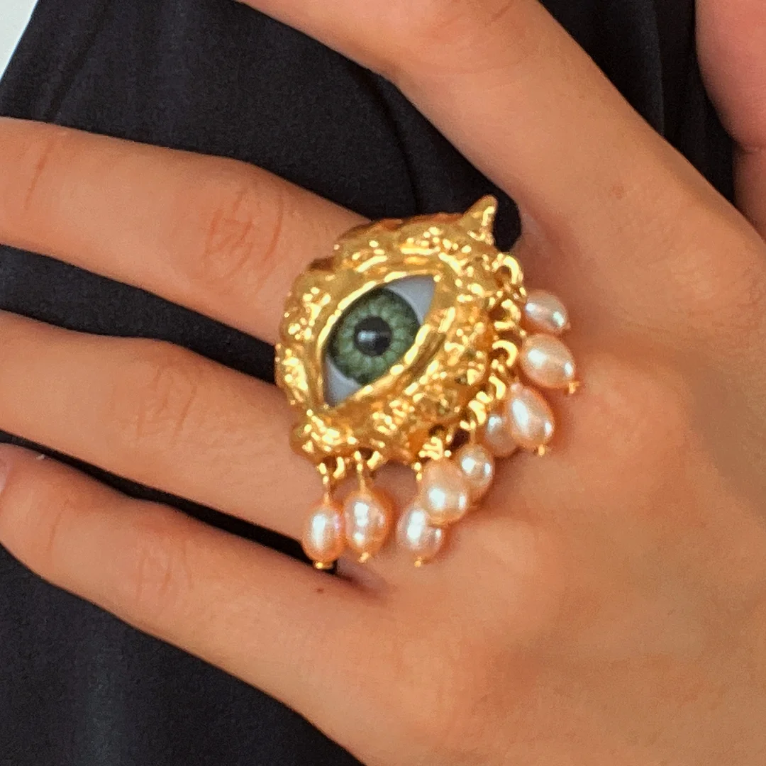 Personality Eye Open Ring Devil\'s Eye Freshwater Pearl Tassel for Women Men Jewelry Brass 2023 New European And American Trendy