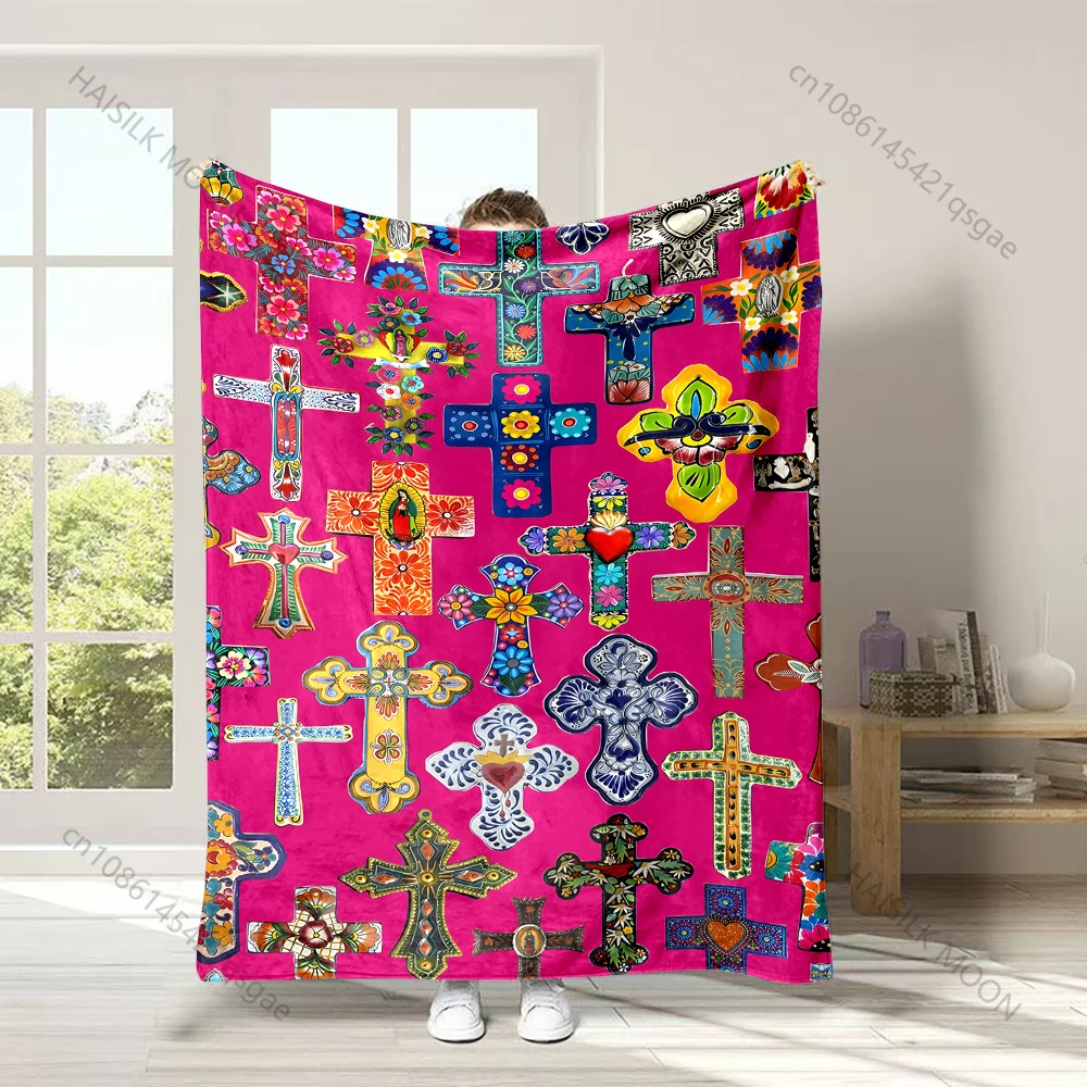Colorful decorative cross collection Faith-printed Flannel Blanket Soft and Warm Suitable for Home Travel Picnics Camping RV