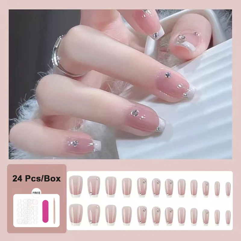 Luxury Handmade Press on Nails Dusty Pink Rhinestone Fake Nails Medium Long Glitter Gel Nail Tips Bling Diamond Manicure Set view 4