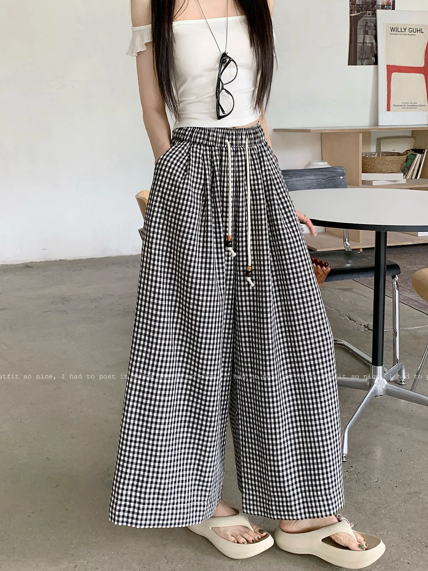 

High Quality Plaid Wide-leg Pants Women Korean Fashion Elastic Waist Trouser Female Summer Causal Baggy Streetwear Pants New