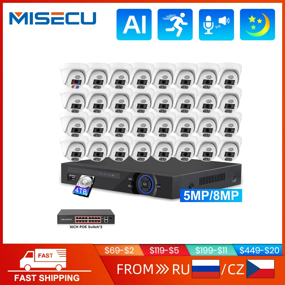 

MISECU 32CH NVR 4K POE Security Camera System 8MP 5MP AI Face Detection Two Way Audio CCTV Video Surveillance Set XMEYE Kits