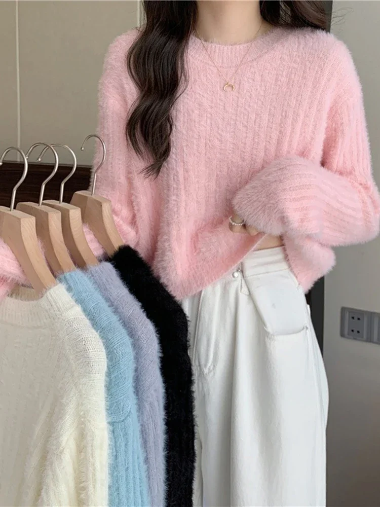 Maglioni morbidi e caldi in velluto di visone sintetico da donna autunno inverno maglione femminile allentato a maniche lunghe lavorato a maglia pullover casual solido