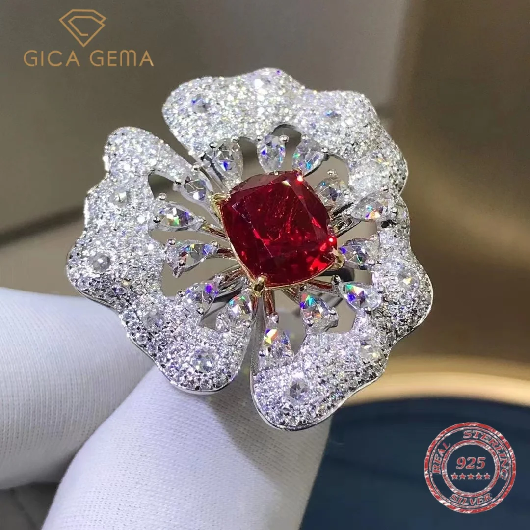 

Gica Gema Luxury 100% 925 Sterling Silver VVS 3EX 5CT Cushion Cut Simulated Moissanite Ruby Gemstone Flower Ring Fine Jewelry