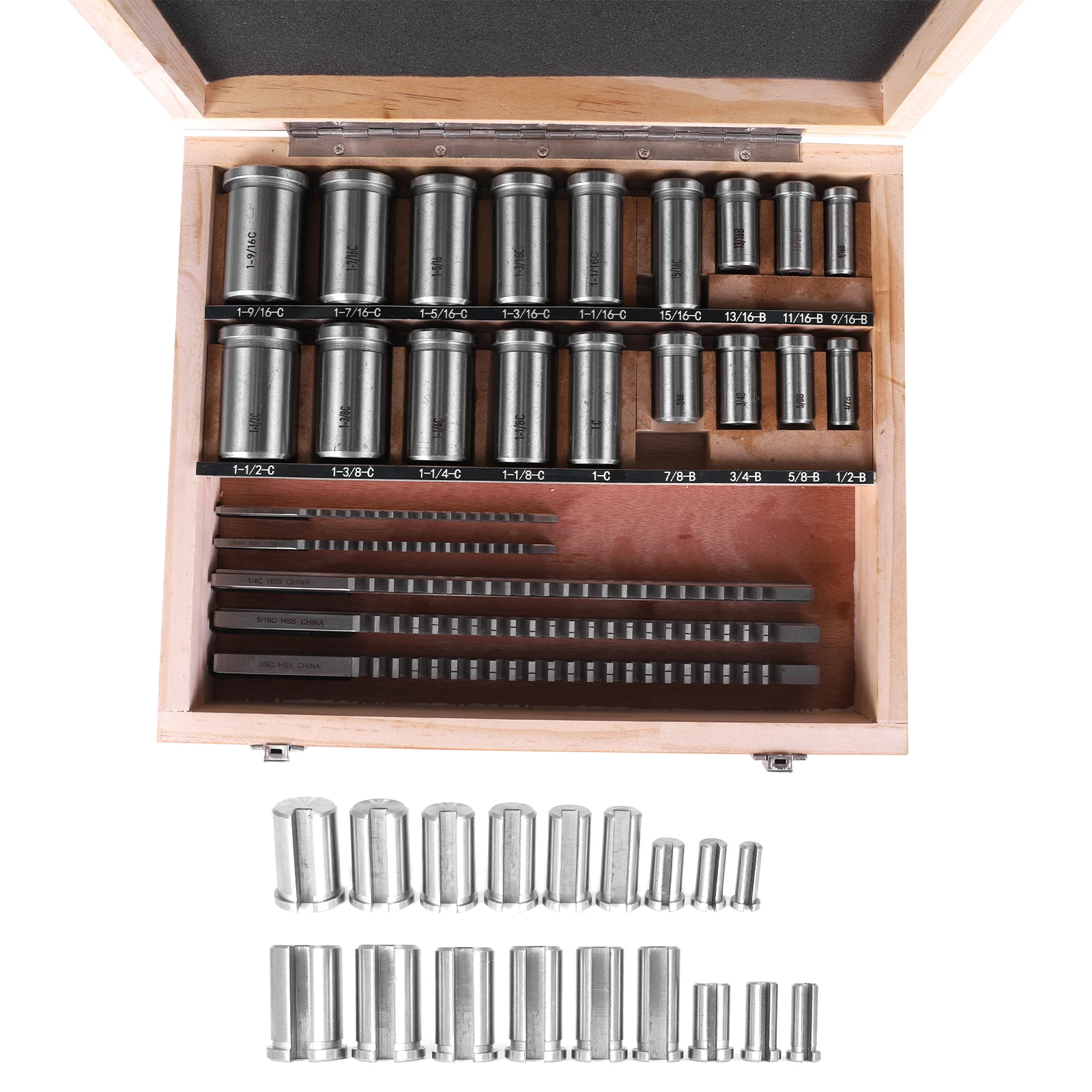 Kit broccia chiavetta da 30 pezzi con 5 brocce 18 boccole 7 spessori Set broccia imperiale Broccia metrica standard Chiavetta HSS Utensili da taglio