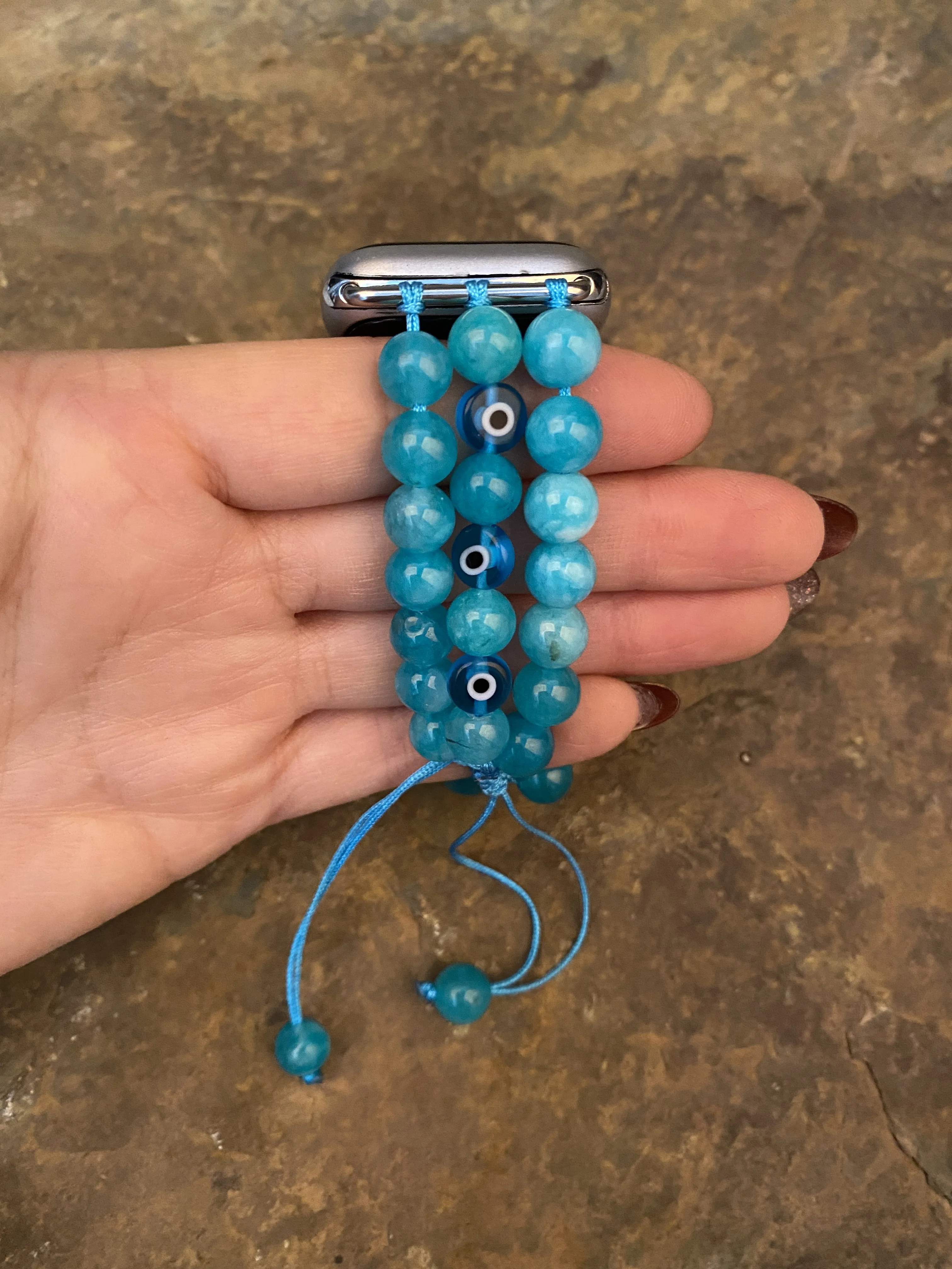 Light Blue Stone and Evil Eyes Beaded Apple Watch Band 38mm 40mm 41mm 42mm 44mm 45mm Apple Watch Strap Women Iwatch Armband