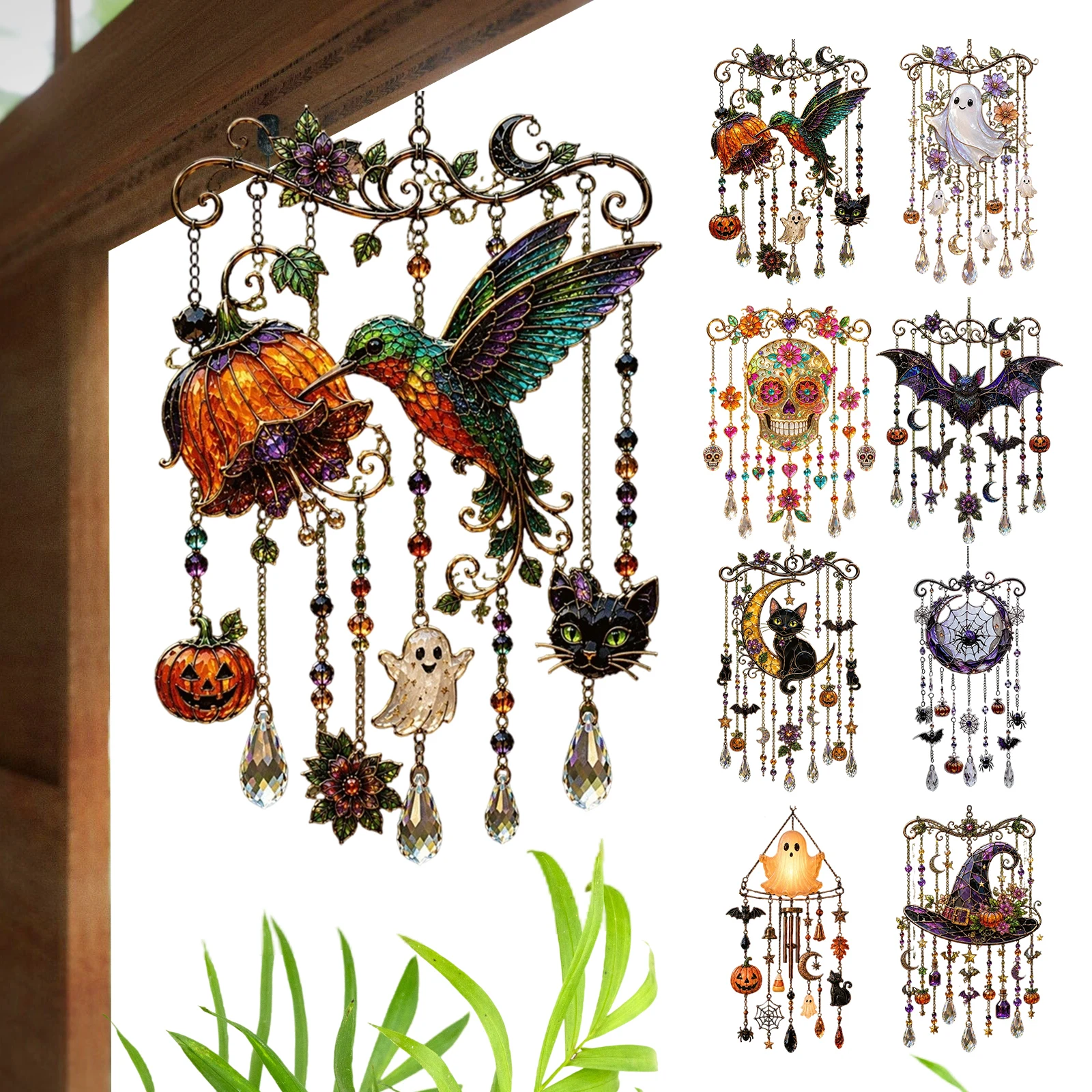 Halloween Wind Chime Decoration Acrylic Ghost Bat Pumpkin Black Cat Skull Witch Hat Decor Gift