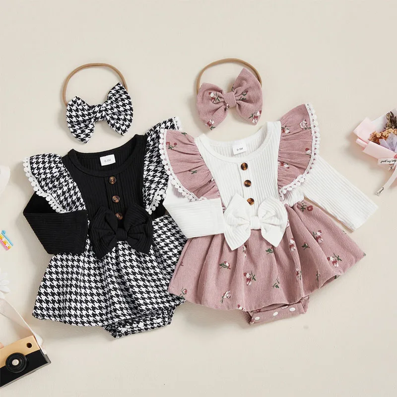 

Осенний лоскутный комбинезон в рубчик с длинными рукавами для маленьких девочек, комбинезон с повязкой на голову, комплект из 2 предметов для детей 0-18 месяцев