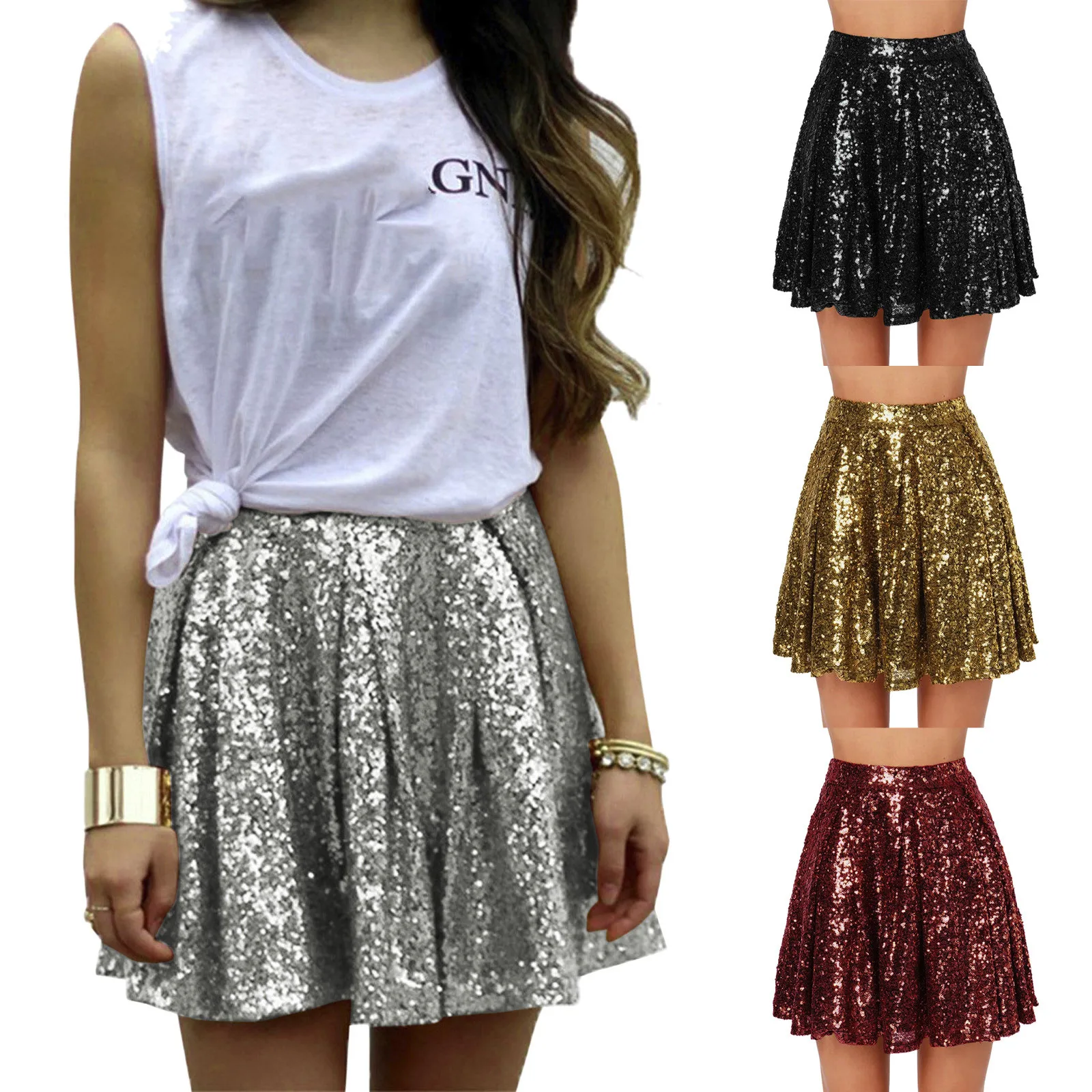 Women'S Fashion Sexy Sliver Gold Sequins Skirt Spring Summer Ladies Short Mini Pleated Glitter Hot Night Club Party Wear Hot